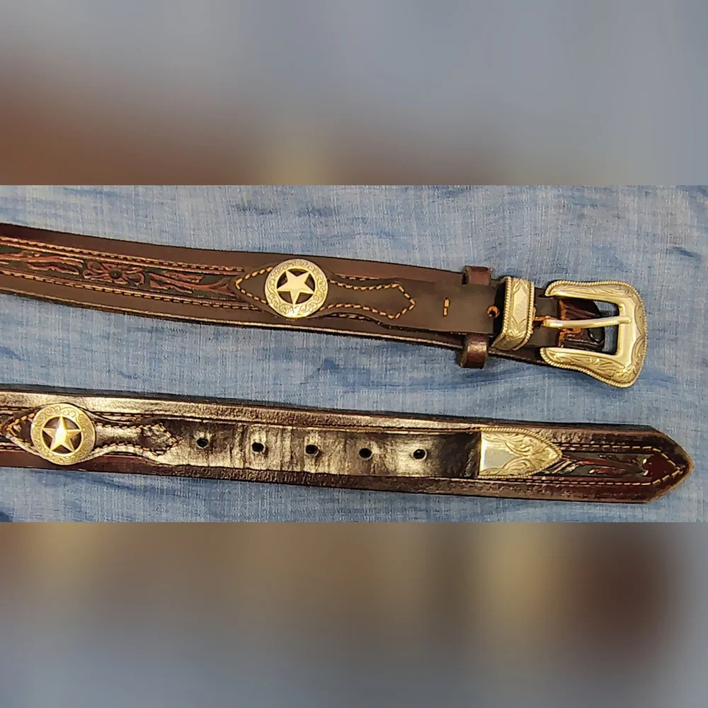 LEATHER MEN'S BELT WESTERN HANDMADE,  FILIGREE SILVER BUCKLE, ⭐ CONCHOS Sz 42-46 - Picture 3 of 15